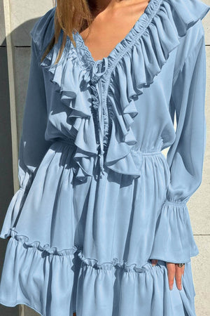 Arolora V Neck Pleated Trumpet Sleeve Ruffle Dress