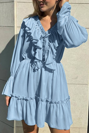 Arolora V Neck Pleated Trumpet Sleeve Ruffle Dress