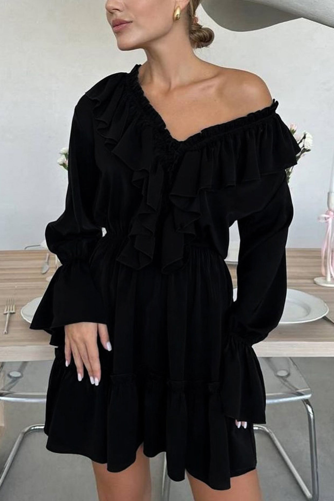 Arolora V Neck Pleated Trumpet Sleeve Ruffle Dress