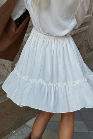 Arolora V Neck Pleated Trumpet Sleeve Ruffle Dress