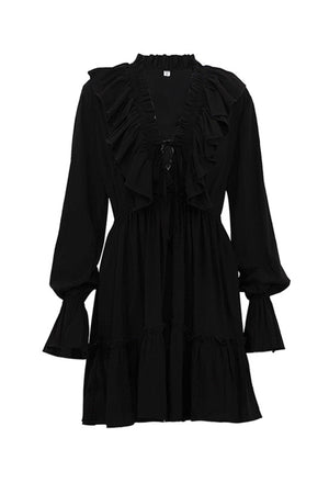 Arolora V Neck Pleated Trumpet Sleeve Ruffle Dress