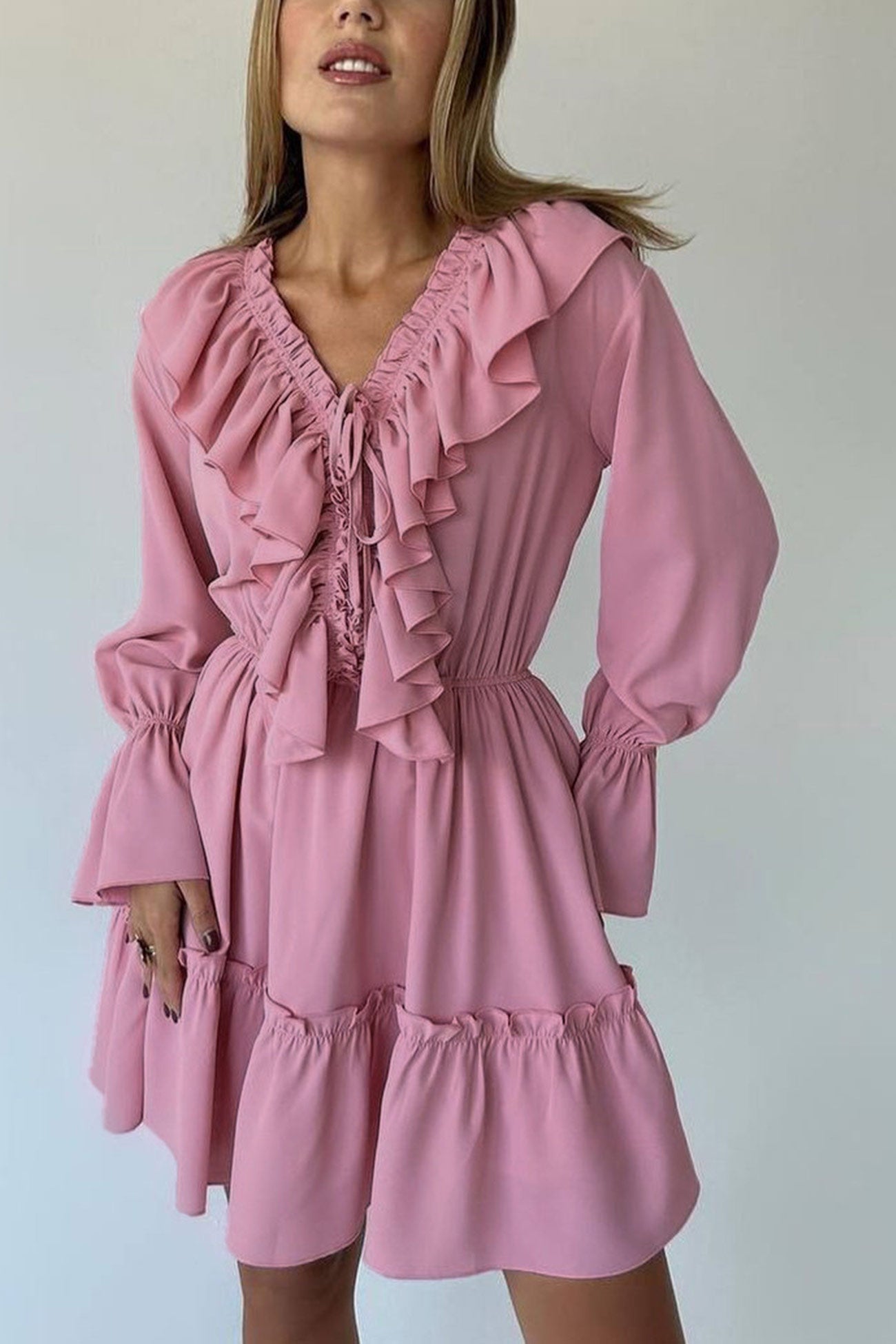 Arolora V Neck Pleated Trumpet Sleeve Ruffle Dress