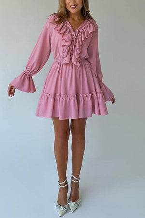 Arolora V Neck Pleated Trumpet Sleeve Ruffle Dress