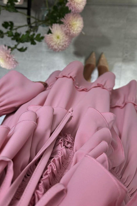 Arolora V Neck Pleated Trumpet Sleeve Ruffle Dress