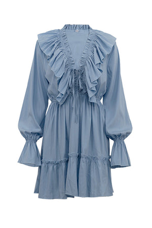 Arolora V Neck Pleated Trumpet Sleeve Ruffle Dress