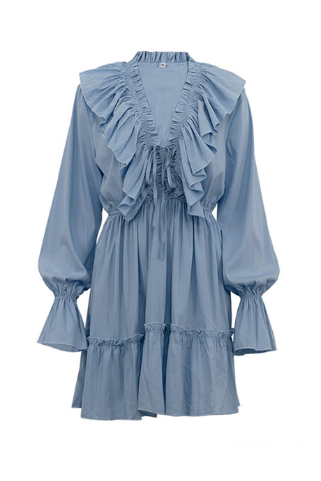 Arolora V Neck Pleated Trumpet Sleeve Ruffle Dress