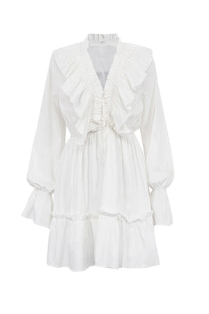 Arolora V Neck Pleated Trumpet Sleeve Ruffle Dress