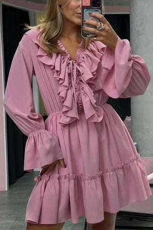 Arolora V Neck Pleated Trumpet Sleeve Ruffle Dress