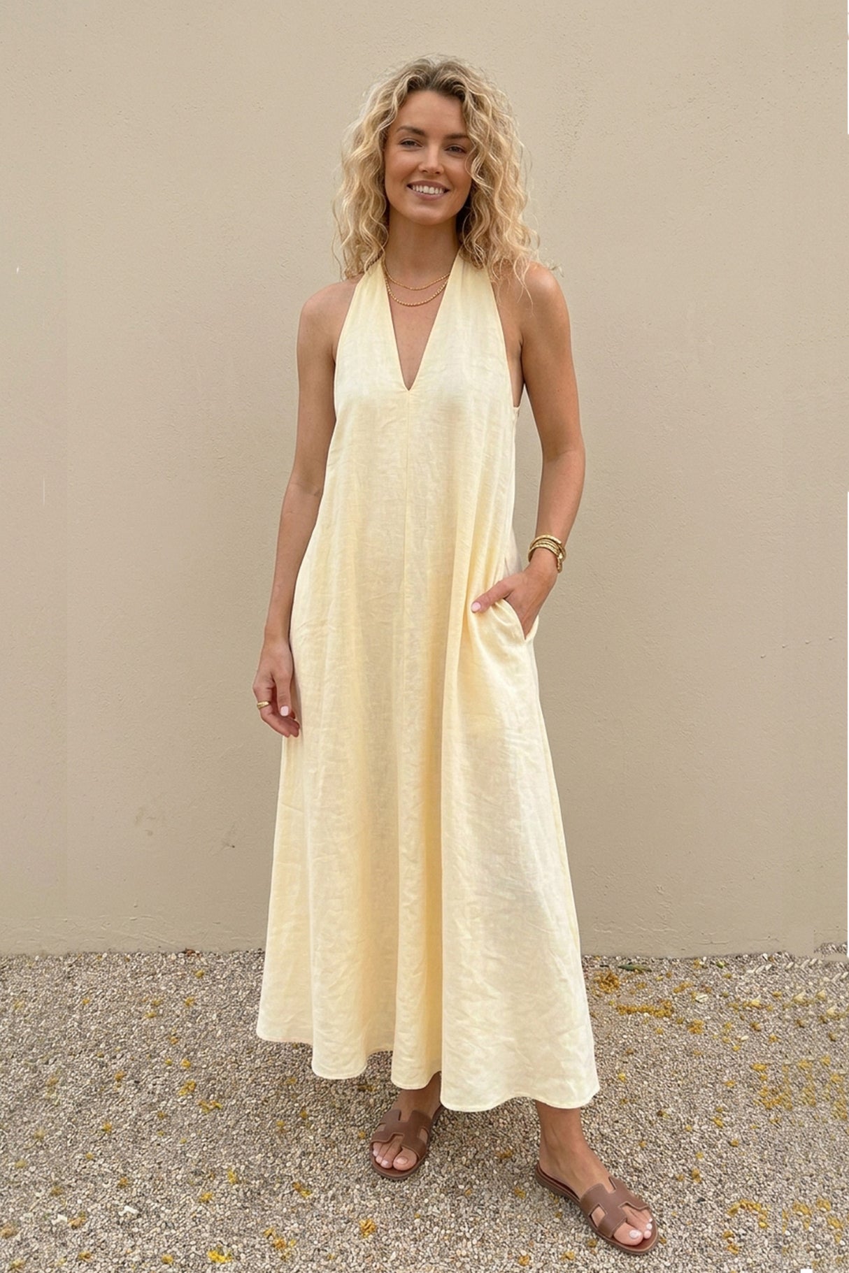 V Neck Pocketed A-line Sundress