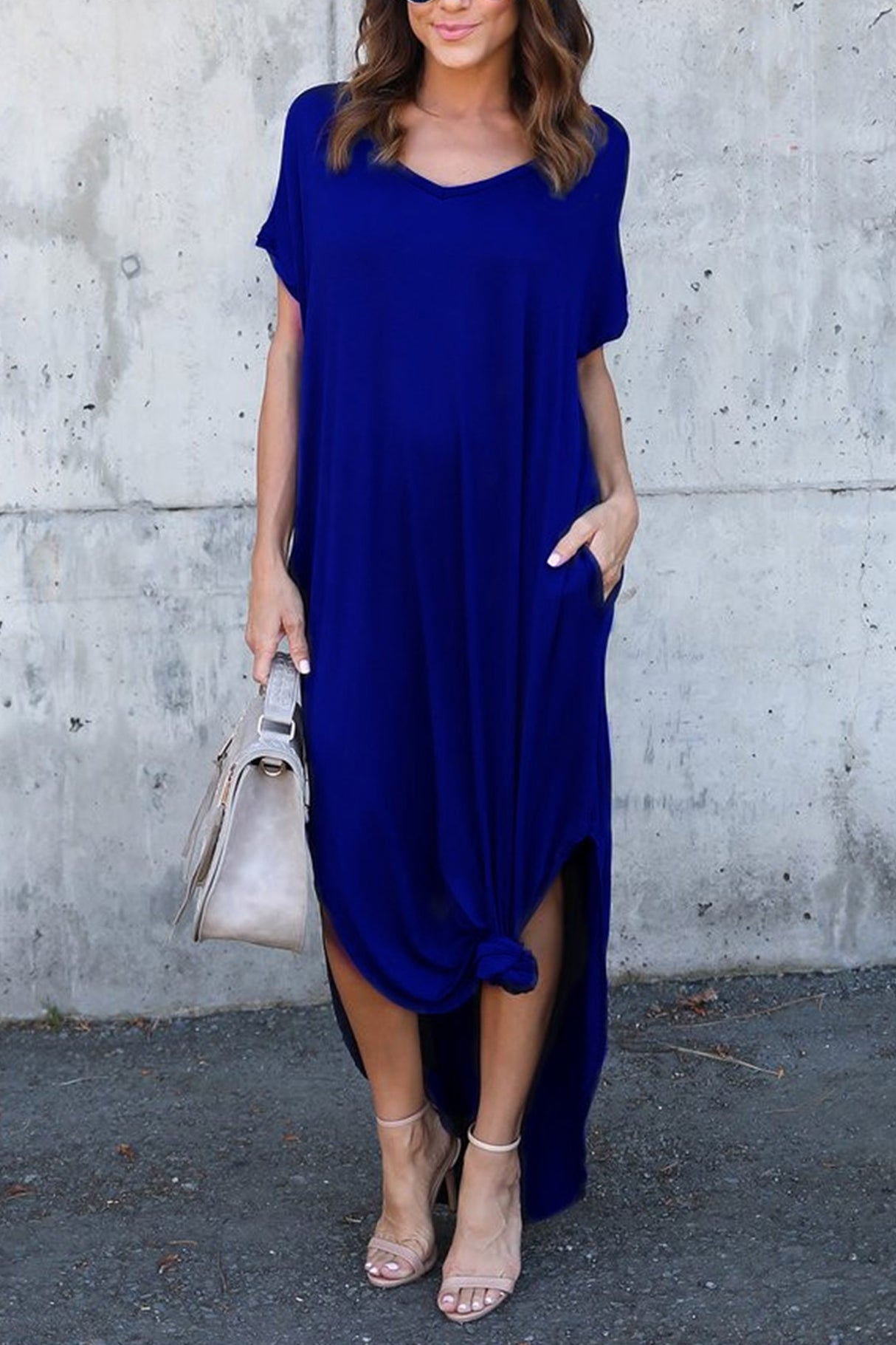 V Neck Pocketed Slit Dress