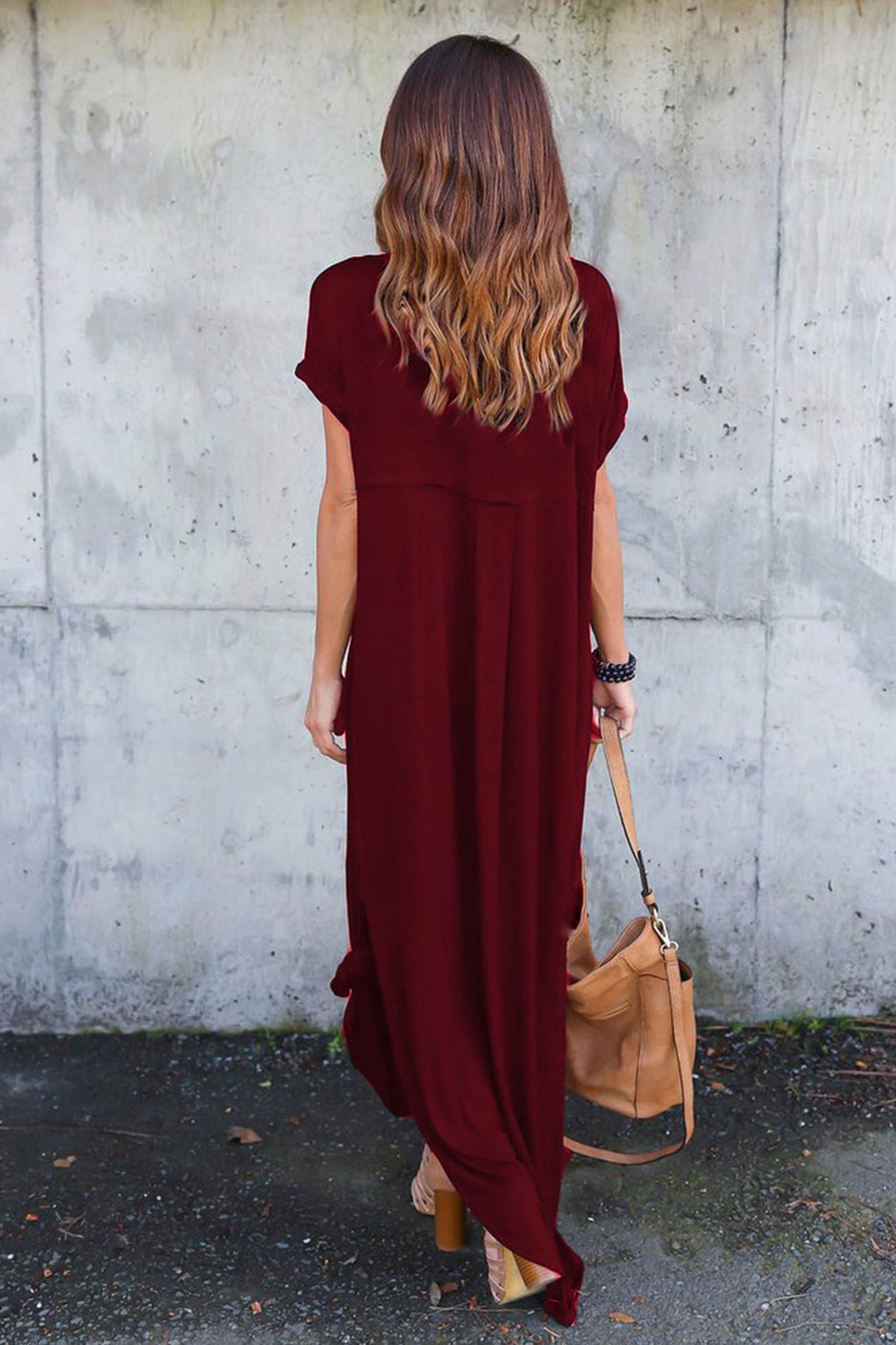 V Neck Pocketed Slit Dress