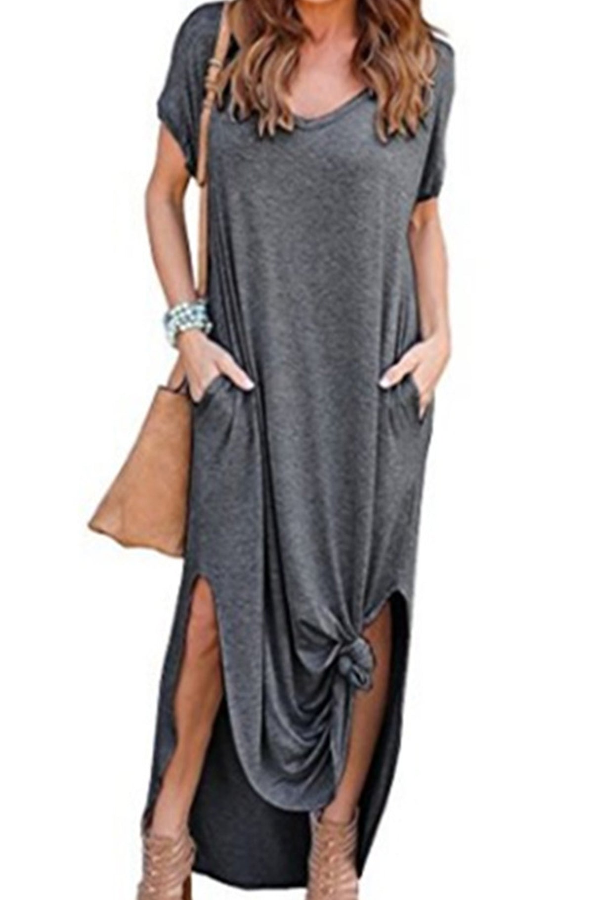 V Neck Pocketed Slit Dress