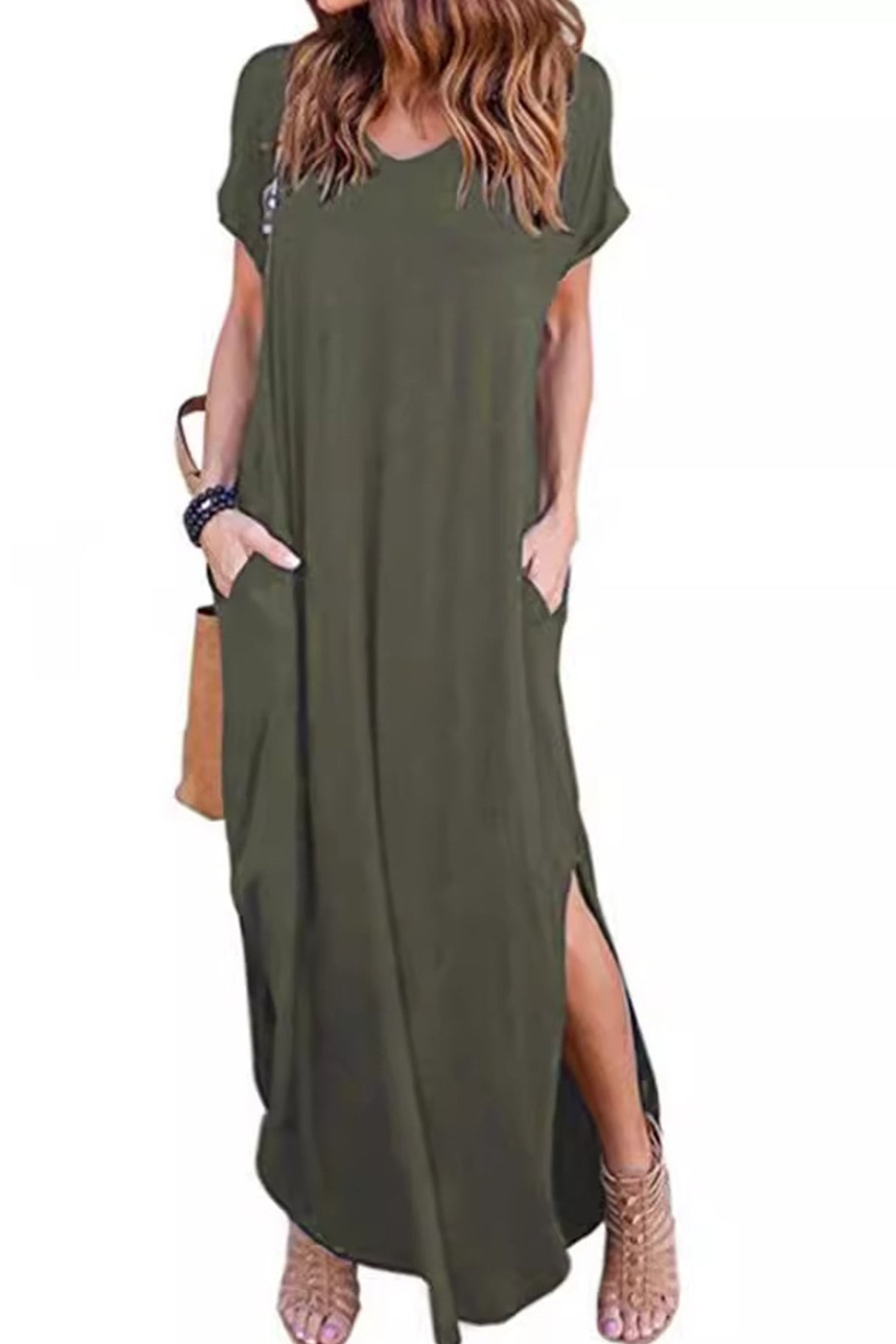 V Neck Pocketed Slit Dress