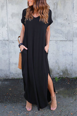 V Neck Pocketed Slit Dress