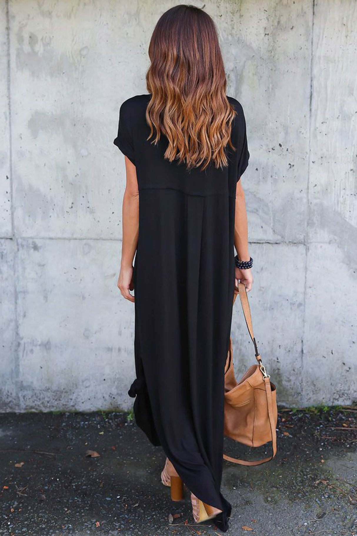 V Neck Pocketed Slit Dress