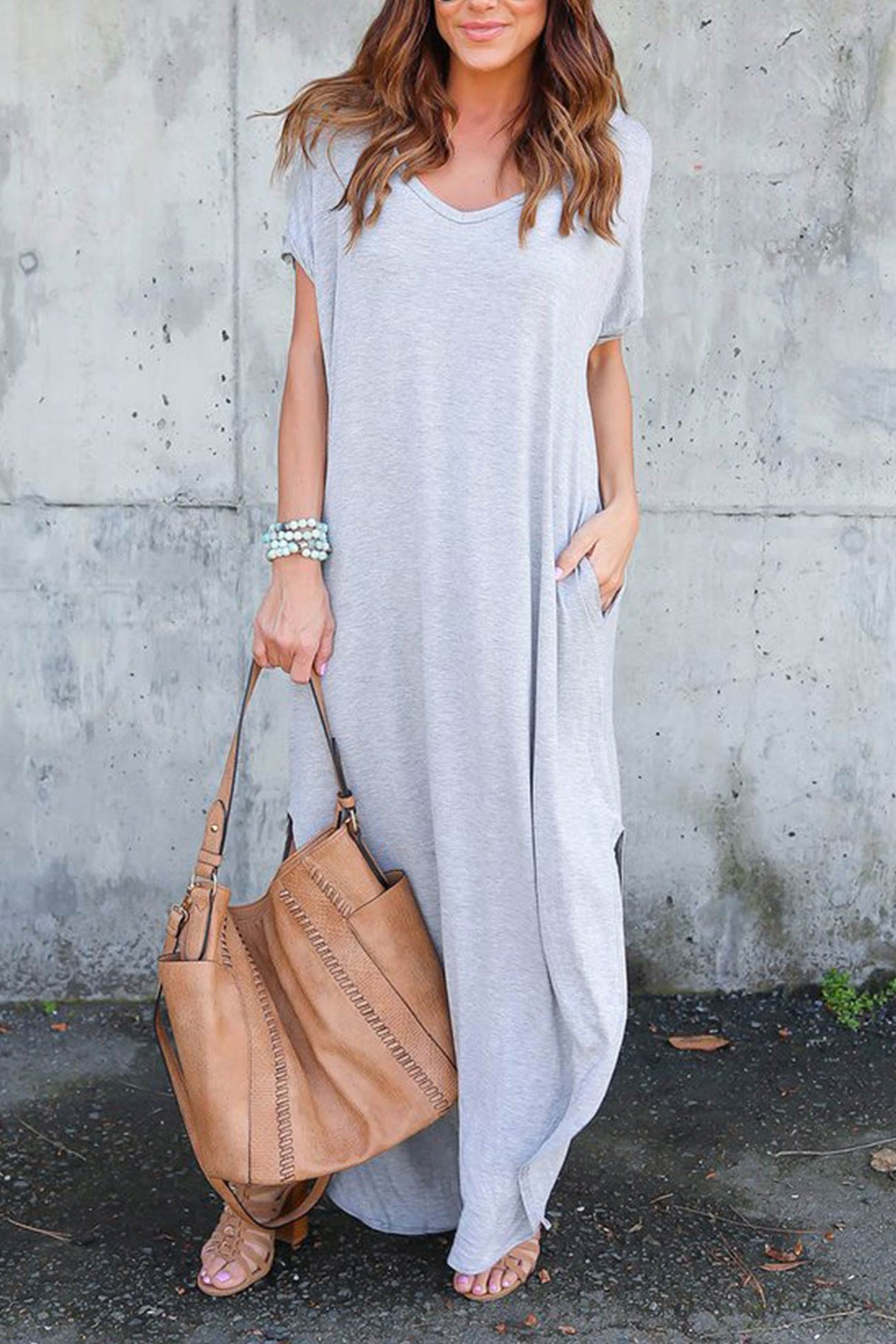 V Neck Pocketed Slit Dress