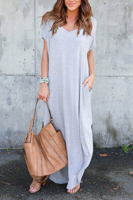 V Neck Pocketed Slit Dress