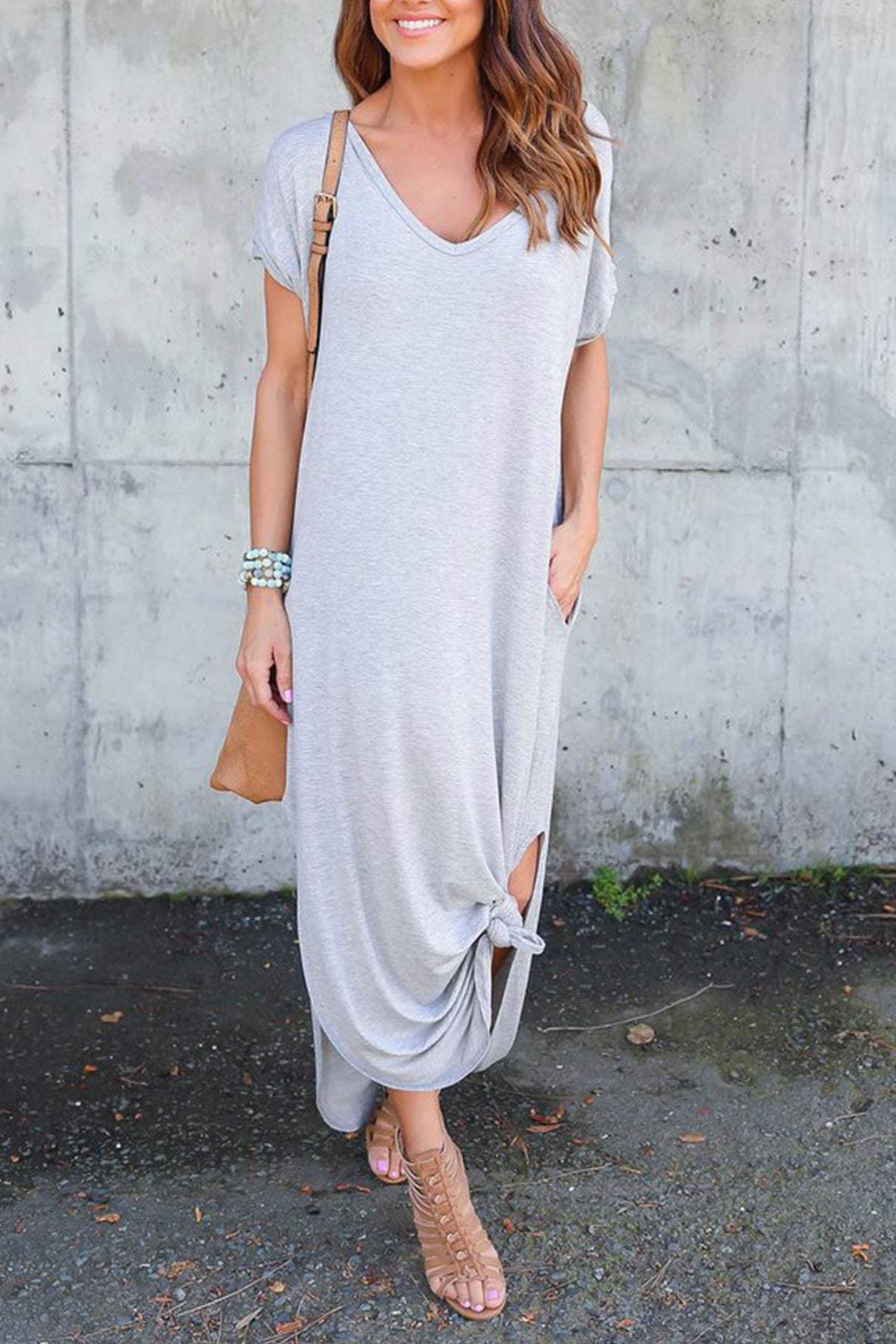 V Neck Pocketed Slit Dress