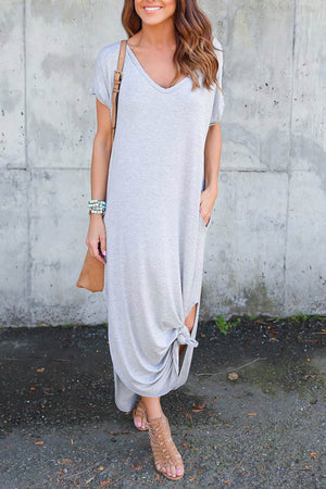 V Neck Pocketed Slit Dress