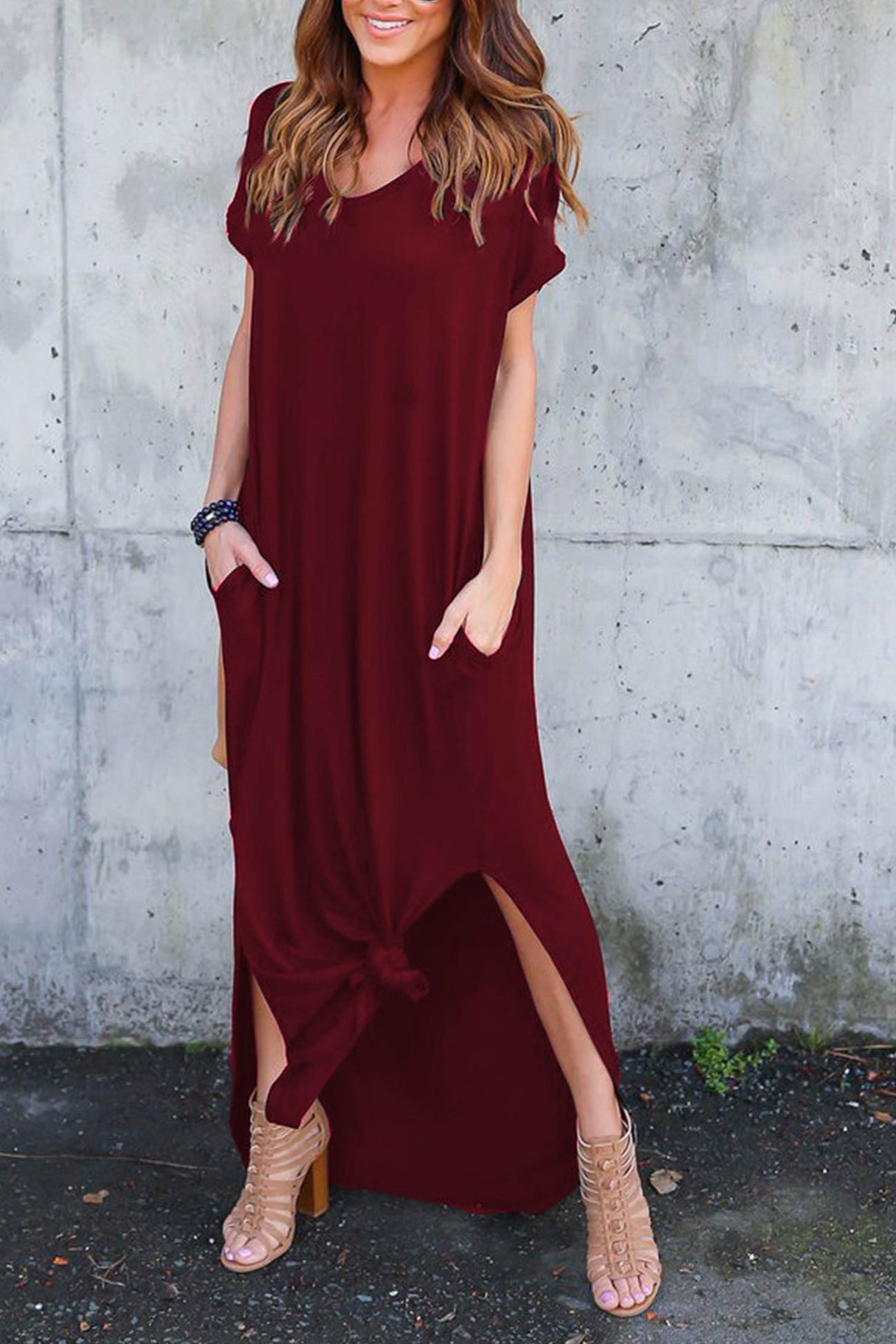 V Neck Pocketed Slit Dress
