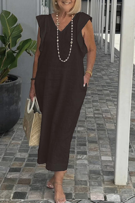 V Neck Ruffle Sleeveless Linen Dress