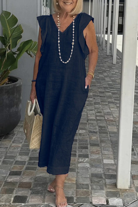 V Neck Ruffle Sleeveless Linen Dress
