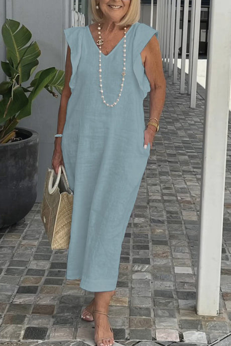 V Neck Ruffle Sleeveless Linen Dress