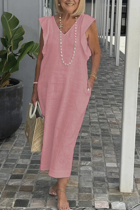V Neck Ruffle Sleeveless Linen Dress