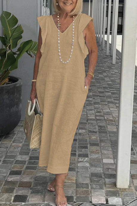 V Neck Ruffle Sleeveless Linen Dress
