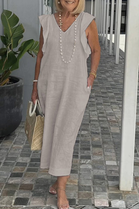 V Neck Ruffle Sleeveless Linen Dress