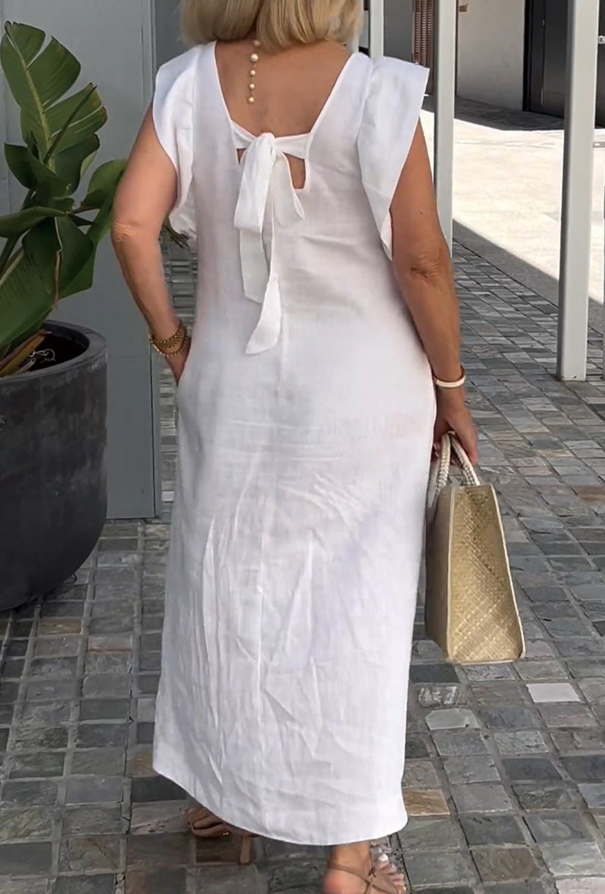 V Neck Ruffle Sleeveless Linen Dress