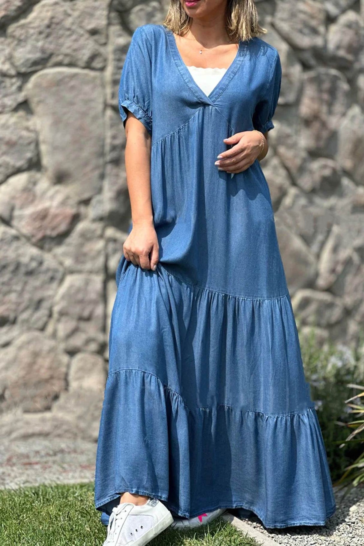 Arolora V Neck Short Sleeve Faux Denim Tiered Dress