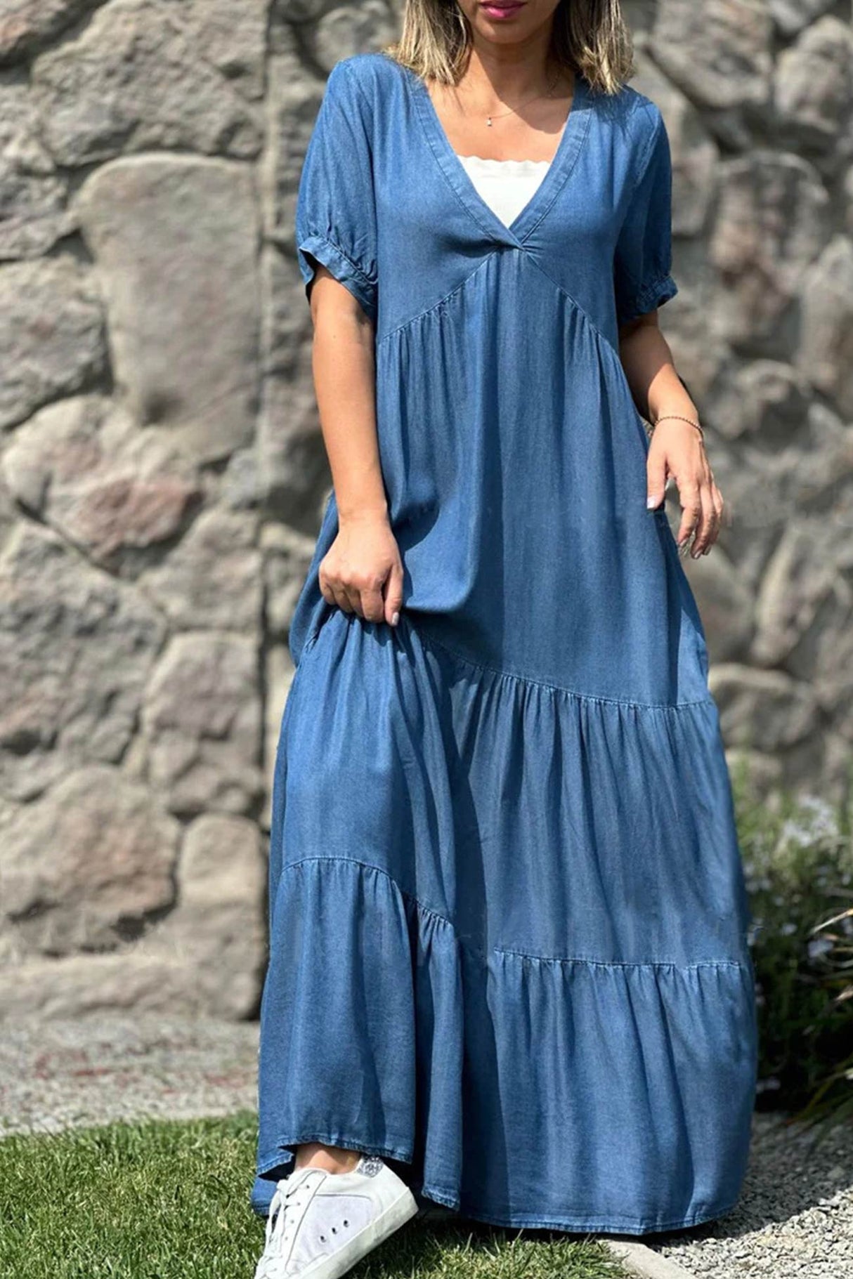 Arolora V Neck Short Sleeve Faux Denim Tiered Dress