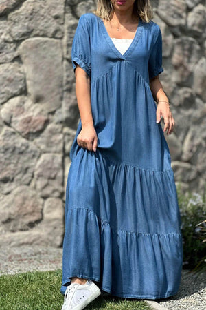 Arolora V Neck Short Sleeve Faux Denim Tiered Dress