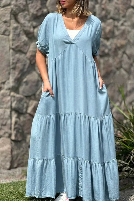 Arolora V Neck Short Sleeve Faux Denim Tiered Dress