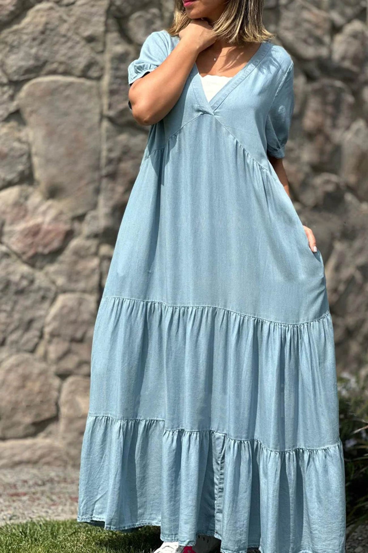 Arolora V Neck Short Sleeve Faux Denim Tiered Dress