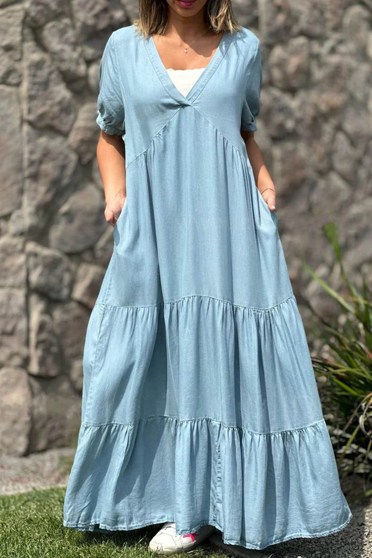 Arolora V Neck Short Sleeve Faux Denim Tiered Dress