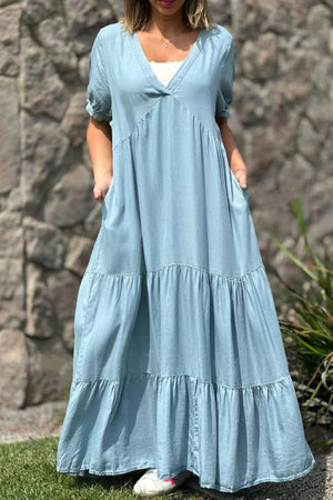 Arolora V Neck Short Sleeve Faux Denim Tiered Dress