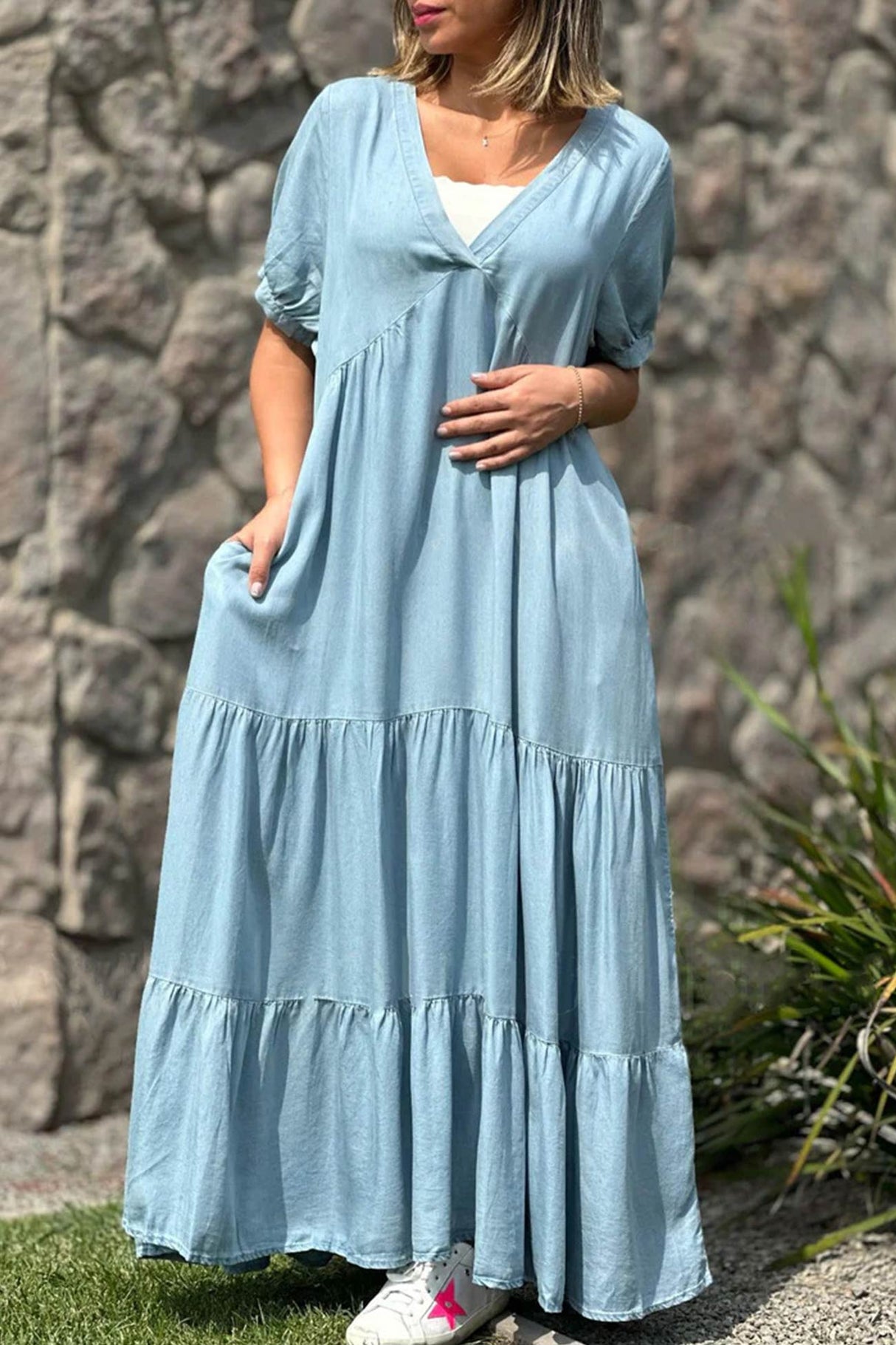 Arolora V Neck Short Sleeve Faux Denim Tiered Dress