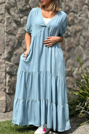 Arolora V Neck Short Sleeve Faux Denim Tiered Dress