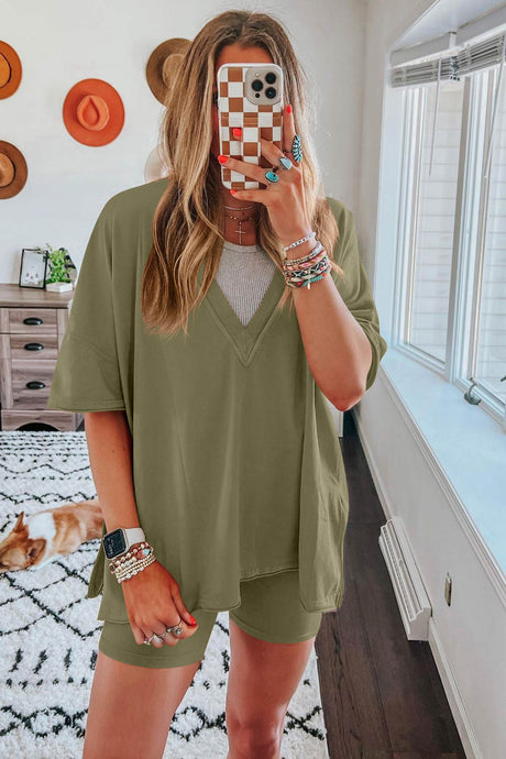 V Neck Side Slit T-shirt Bodycon Shorts Set
