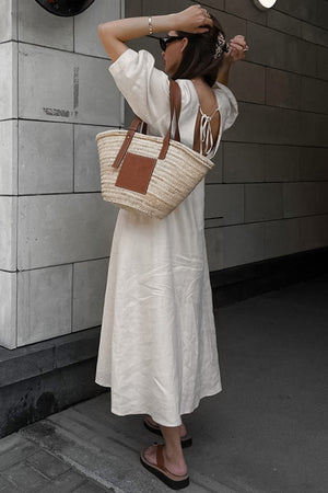 V Neck Single-breasted Cotton Linen A-line Dress
