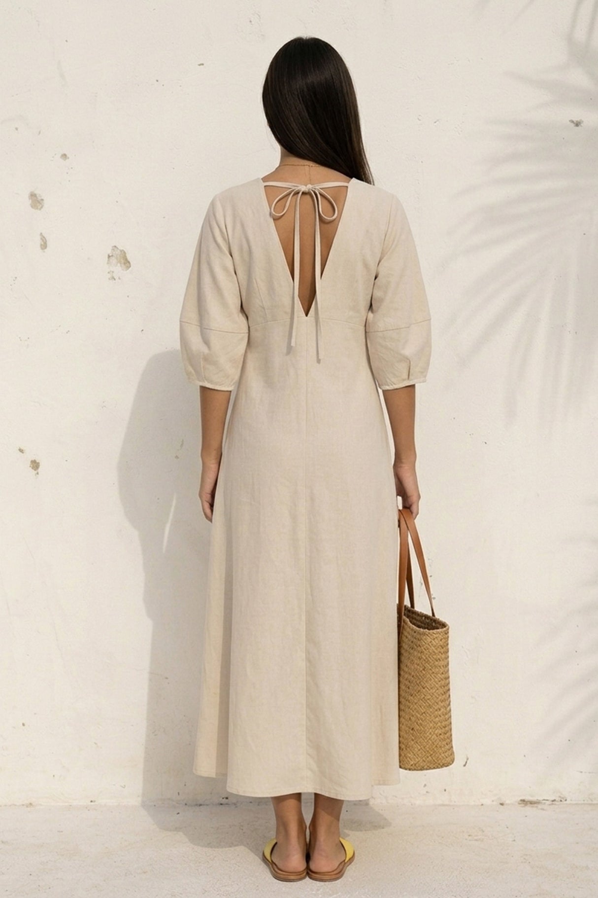 V Neck Single-breasted Cotton Linen A-line Dress