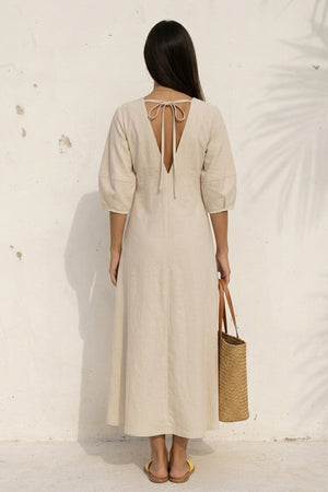 V Neck Single-breasted Cotton Linen A-line Dress