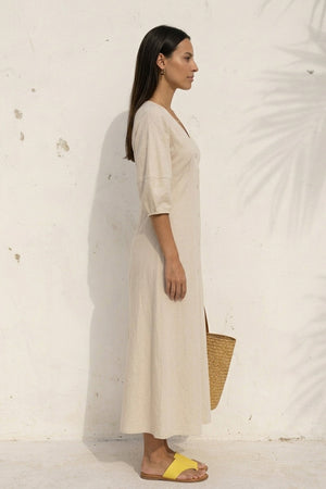 V Neck Single-breasted Cotton Linen A-line Dress