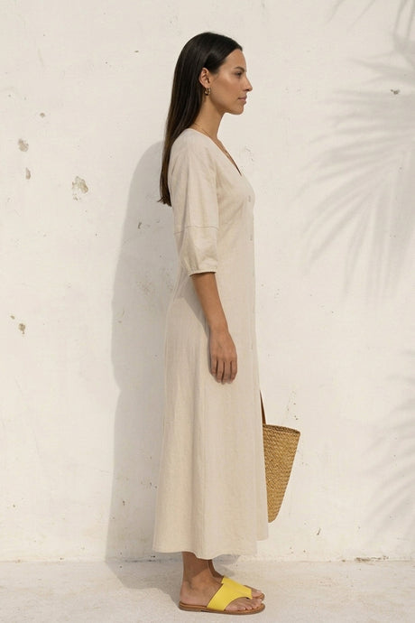V Neck Single-breasted Cotton Linen A-line Dress