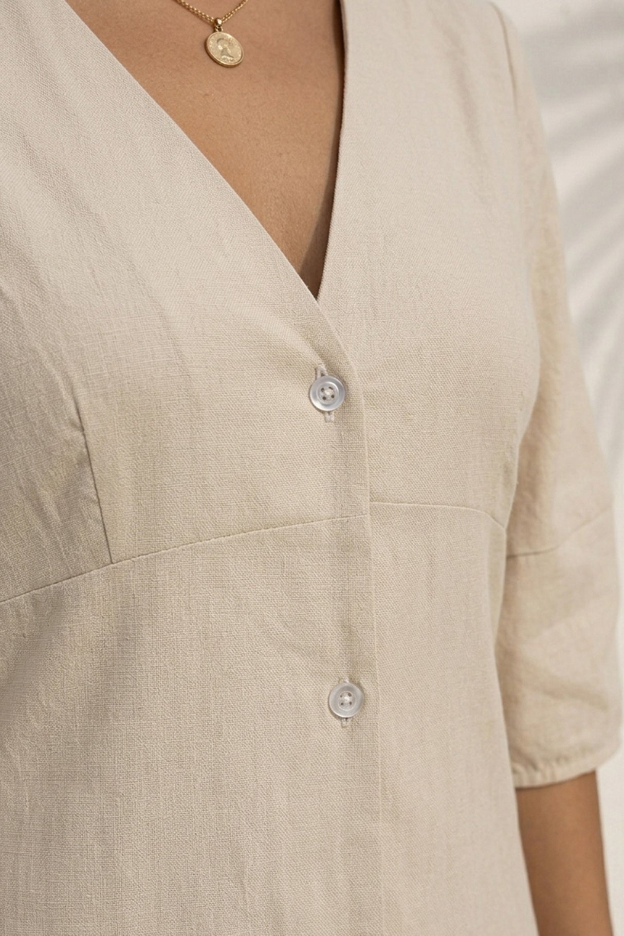 V Neck Single-breasted Cotton Linen A-line Dress