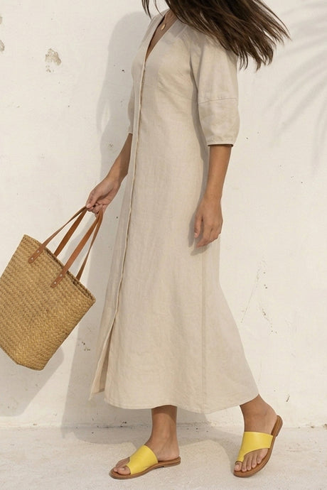 V Neck Single-breasted Cotton Linen A-line Dress
