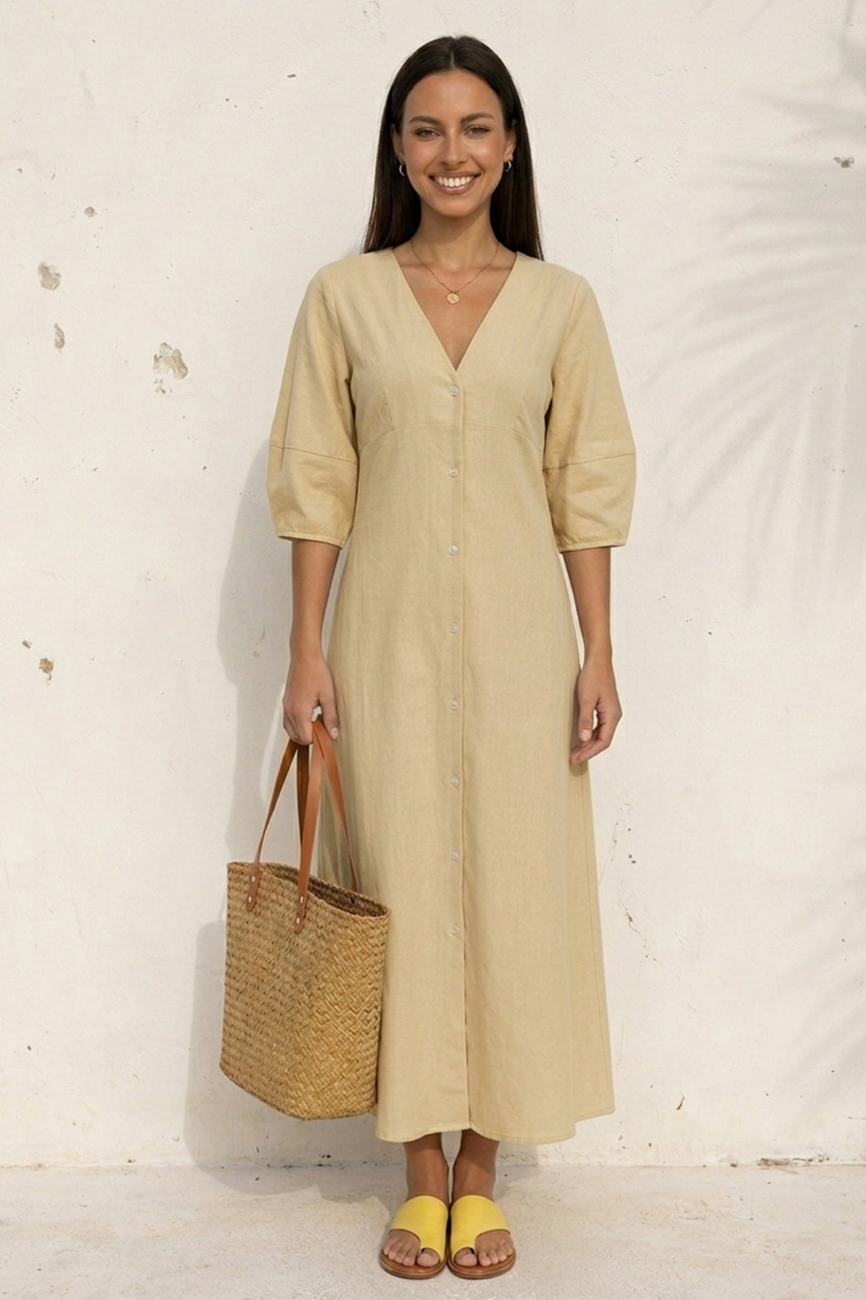 V Neck Single-breasted Cotton Linen A-line Dress