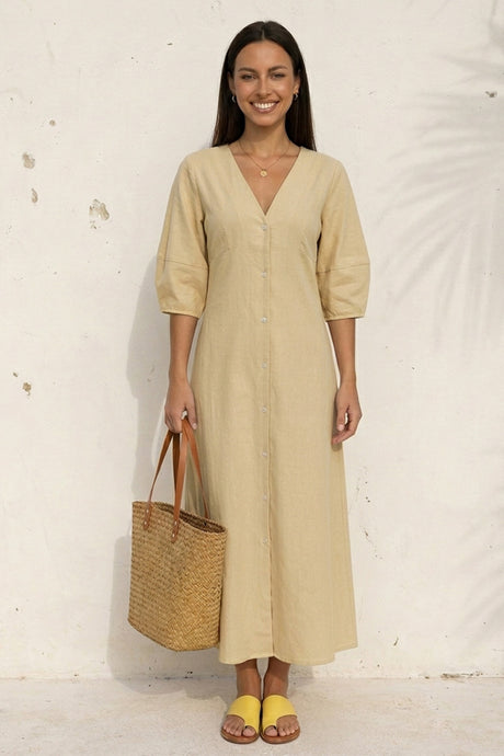 V Neck Single-breasted Cotton Linen A-line Dress